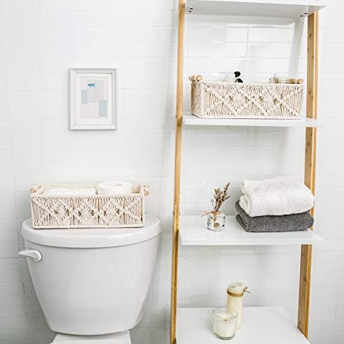Mkono 2Pc Macrame Storage Basket, Boho Decor Toilet Paper Organizer, Ivory - Image 2