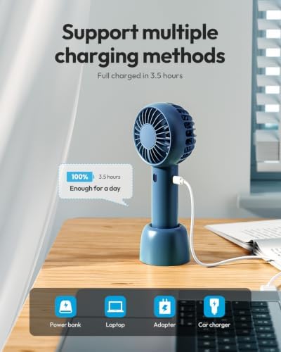 Gaiatop Mini Portable Fan, Navy Blue, Cute Design, Powerful Wind, Handheld and Desktop, Rechargeable Battery - Image 6