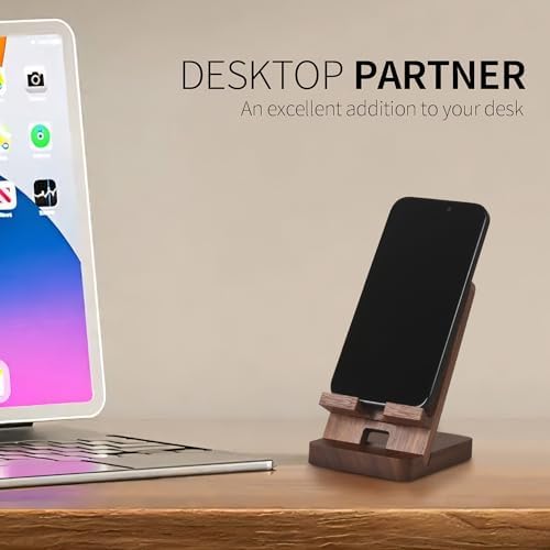 Wood Phone Stand with Mirror, Desktop Wooden Phone Holder, Portable Office Phone Stand for Desk, Wood ipad Stand， Compatible with iPhone & All Cell Phones (Walnut) - Image 2