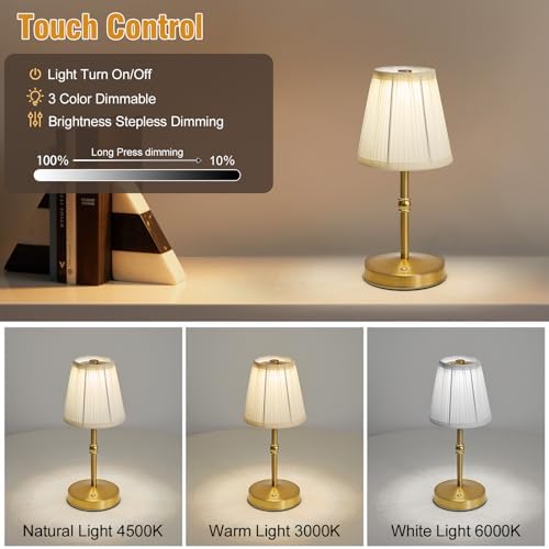3000mah Battery Powered Lamp for Home,Small Cordless Lamps Rechargeable,3 Color Temperature 5W LED Touch Lamp Battery Operated Table Lights,Wireless Lamps for Tables,Kitchen,Living Room (Gold,H11”) - Image 4