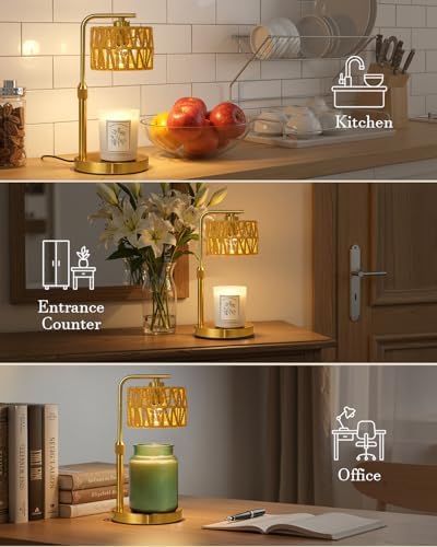 Candle Warmer Lamp with Timer, Dimmable Candle Warmer for Jar Candles, Height Adjustable Candle Lamp Warmer, Boho Rattan Lampshade and 2 Bulbs, Gift for Home Room Decor, Gifts for Women Mom (Gold) - Image 5