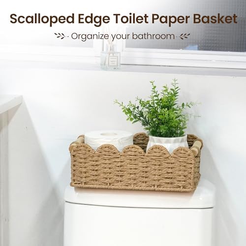 iEGrow Paper Rope Small Storage Baskets for Organizing, Set of 2 Scalloped Edge Wicker Basket with Wooden Handles Toilet Paper Basket for Over Toilet Storage Shelf, Home Decor, Living Room (Neutral) - Image 3