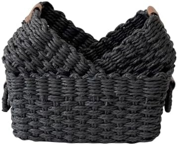 QINGTUHONE Woven Paper Rope Wicker Basket for Organizing(Set of 3,Black) by QingtuHome