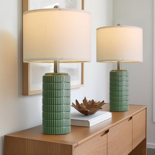 PoKat 24" Modern Ceramic Table Lamps Set of 2 for Bedroom, Green Bedside Lamps for Night Stands, Farmhouse House Decor Nightstand Table Lamps for Living Room End Table Green by Pokat