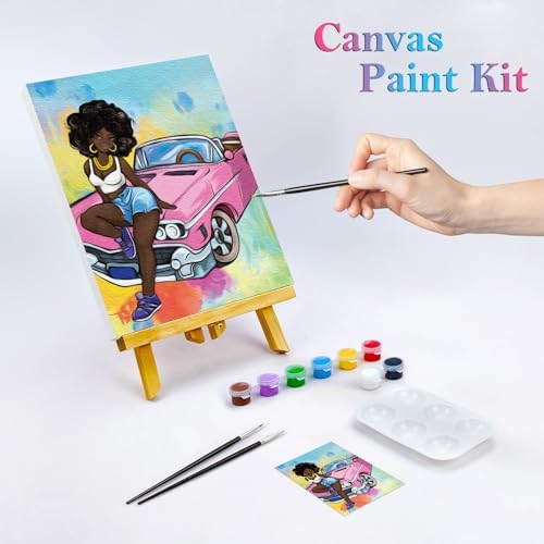 Nuberlic Canvas Painting Kit Pre Drawn Canvas for Painting Cool Lady Afro Girl with Car Painting Kit DIY Adult Sip and Paint Party Girl Night Favor 8x10 inches - Image 2