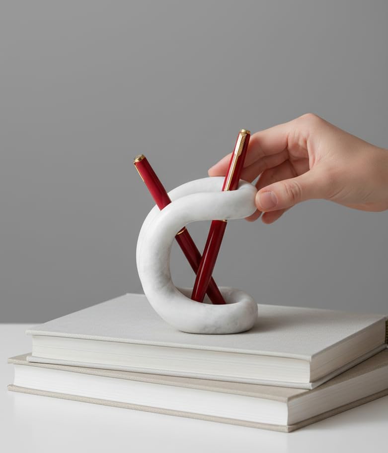 Marble Pen Holder for Desk, 4 Inch White Pencil Holder - Image 3