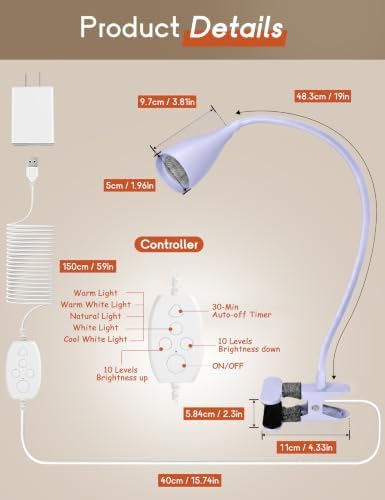 Reading Light for Book in Bed, Clip on Light Desk Lamp with Adapter Purple - Image 6