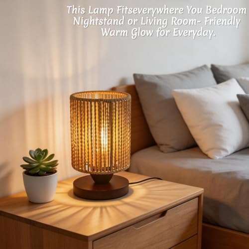Small Rattan Lamp,Boho Desk Lamp for Living Room,Handmade Farmhouse Woven Bamboo Bedside Lamps for Bedroom,Vintage Wicker Wooden Nightstand Nihgt Light Lamps for Home Decor Gifts for Women Girls - Image 7