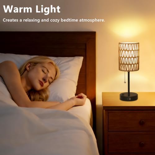 Rattan Bedside Table Lamps Set of 2 - Boho Lamps With 3 Color Temperatures & USB AC Port, Pull Chain Table Lamp For Bedroom, Cute Small Lamp For Nightstand Office Desk Bed Side End Table Living Room - Image 5