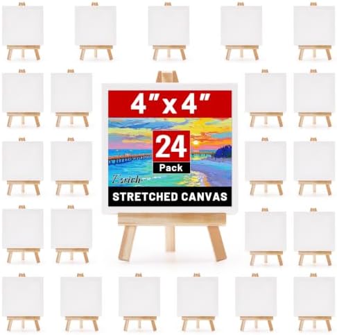 ESRICH 24 Pack Mini Canvas with Easel Set, 4x4” Small Canvases for Painting by ESRICH