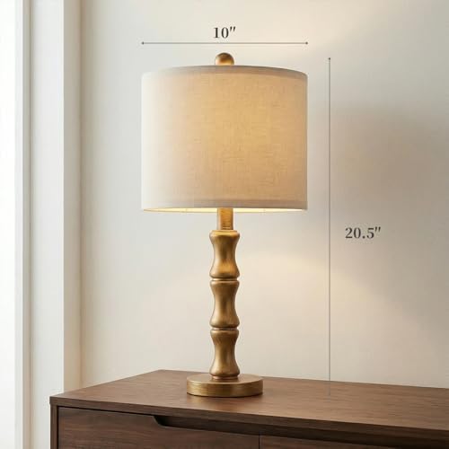 BOBOMOMO 20.5" Vintage Nightstand Lamps Set of 2, Farmhouse Table Lamps with Antique Gold Resin Base & Linen Shade, Small Bedside Lamp for Bedroom, Living Room, Office & Elegant Home Décor - Image 3