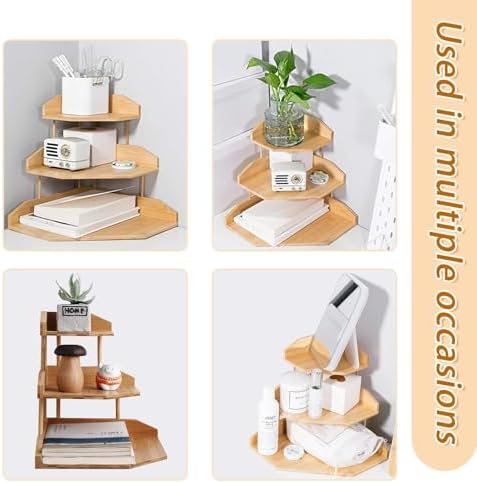 Bamboo Corner Desk Organizer Shelf, 3-Tier Triangle Storage Rack for Office & Home, Space-Saving Desktop Shelf for Books, Stationery, Makeup, Small Items - Image 5