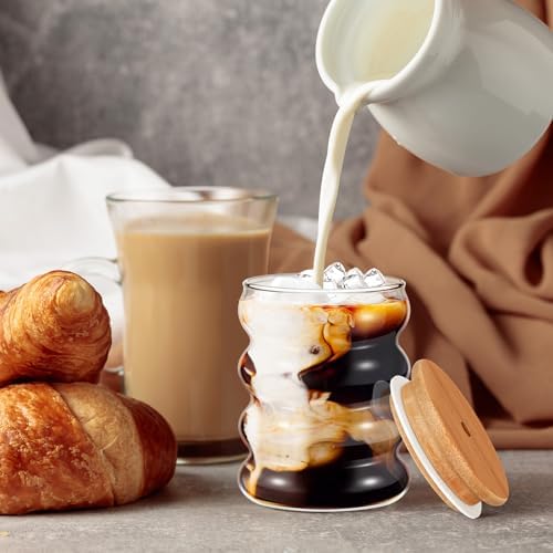 Tessco for you 4 Pcs Creative Glass Cups with Lids and Straws Brush, 12 oz Aesthetic Cup Iced Coffee Glasses Clear Ribbed Glassware Wave Tumbler Drinking Cups for Juice Coffee Beverage Bubble Tea - Image 5
