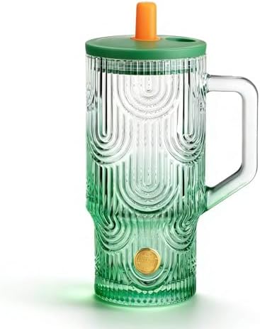 20 oz Green Glass Tumbler with Handle, Lid, Straw and Cover, Dishwasher Safe Cup for Iced Coffee, Water, Tea, Juice, Milk by Mualuwi