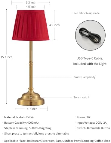 KDG Gold Cordless LED Table Lamps Set of 2, Red Fabric Shade Desk Lamps - Image 5