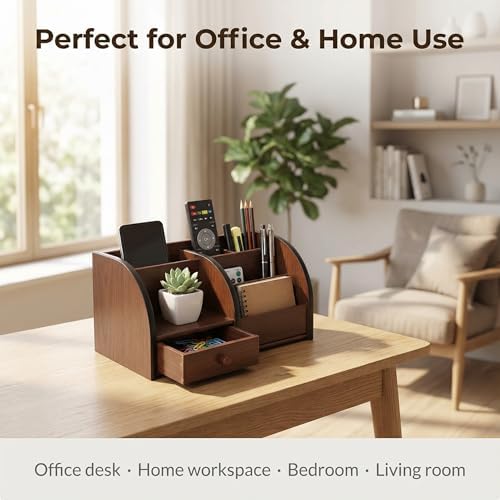 Wooden Desk Organizer with Drawer, Multi-Compartment Desktop Storage for Office Supplies, Remote Control, Phone, Makeup & Accessories - Image 5