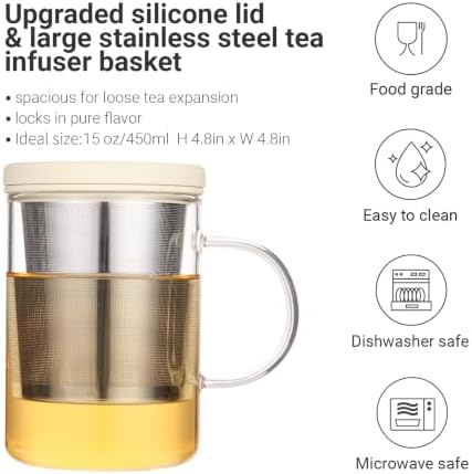 emoi 15 oz Glass Tea Cup with Infuser & Lid, Ideal for Loose Leaf Tea, Gray - Image 6