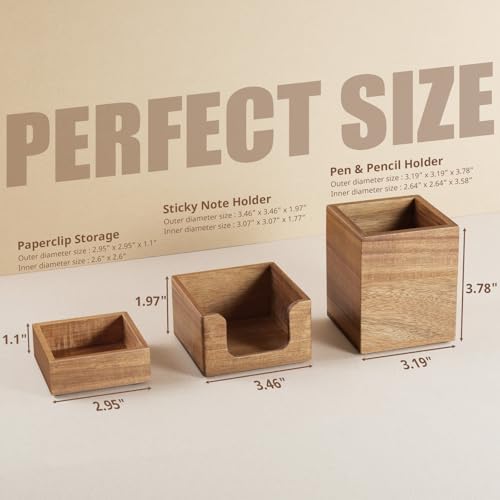 Desk Organizer Set of 3 - Acacia Wood Office Desk Accessories - Desk Organizers and Accessories for Women Men - Set incl. Pencil Pen Holder, Paperclip Storage and Sticky Note Holder - Image 2