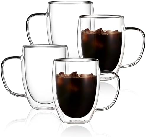 CNGLASS 12oz Double Walled Glass Coffee Mugs(4-pack),Insulated Glass Mugs with Handle,Clear Espresso Cups for Latte,Cappuccino,Tea Bag by CNGLASS
