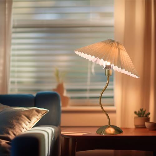 KUNJOULAM Small Pleated Table Lamp, Bedside Nightstand Lamp with Beige Lampshade, Morden Mini Lamp for Bedroom Home Office Decor, Bulb not Included - Image 5
