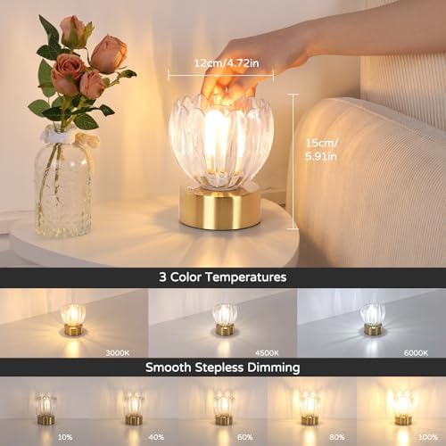 Shenmoyl Cordless Small Table Lamp with 5200mAh Battery & Touch Control, Battery Operated Tulip Table Lamp with 3 Colors, Rechargeable Mini Table Lamps for Bedsides, Bedroom, Nightstand (Transparent) - Image 3