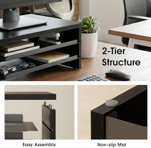 Fenge 14.3-Inch Monitor Stand with Slide-Out Trays, Wood & Metal Desk Shelf - Image 3