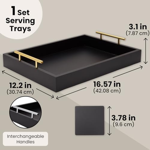 Juvale Wooden Serving Tray - 15.7 x 11.8 x 3.1 in, Black Rustic, Includes 2 Coasters - Decorative Tray with Interchangeable Gold & Silver Handles - Sofa & Ottoman Use, Coffee Table Decor - Image 6