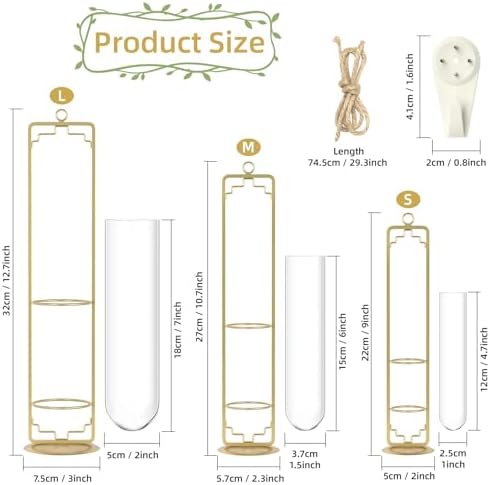 MIPON Metal Hanging Plant Propagation Station,3 Size Glass Test Tube Hydroponic Planter,Boho Wall Hanging Plant Cuttings Holder,Indoor Water Plant Terrarium Tubes for Home Office Window Decor-Gold - Image 2