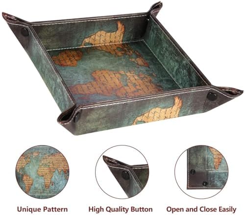 Valet Tray Desktop Storage Organizer, Vegan Leather Catchall Bedside Vanity Tray Nightstand Caddy Holder for Remote Controller, Watch, Keys, Phone, Wallet, Sunglasses, Jewelry - Map - Image 4