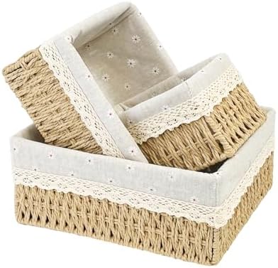 Wicker Storage Baskets 3-Pack Set, Hand-Woven Paper Rope Rattan Bins with Removable Liner, Multi-Size Organizer Baskets for Pantry, Countertop, Bedroom, Bathroom, Shelves (Beige, L+M+S) by EITMOW