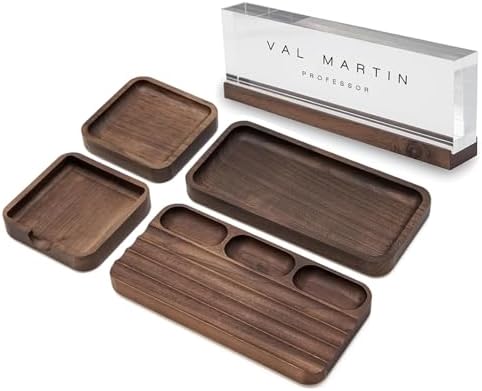 MUUJEE Wooden Desk Organization 5 Piece Set with Name Block - Personalized Acrylic Name Plaque with Wood Base and Desk Accessories Work Professional Office Gift Teacher Dad Organizer by MUUJEE