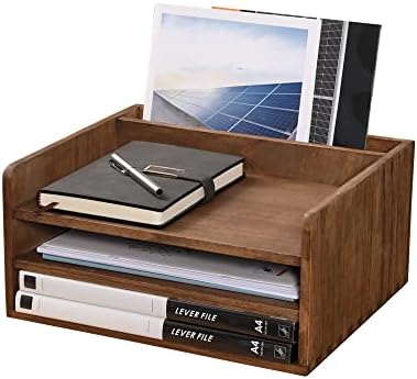 DDYURI Desk Organizer for File Folder Storage with 3 Paper Letter Tray &1 Vertical Compartment- Wood Office Desktop Document Organizer Rack - Filing Folder Mail Sorter Desk accessories Dark WJJ3K-DK by DDYURI