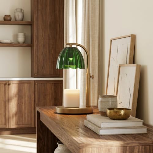 Scalloped Glass Candle Warmer Lamp with Timer (2H/4H/8H) - Dimmable & Adjustable Height - Wax Melter for Large & Small Jar Candles - 2 Bulbs - Gold Metal - Flameless Home Decor Gift for Women (Green) - Image 4
