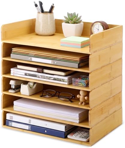 Novabright 6 Pcs Stackable Paper Organizer Tray Acacia Wood Desk Organizer Letter Tray Desktop Letter Size Office Wooden Desk Shelf Paper Holder Folder Organization Rack for File Document(Bamboo) by Unknown