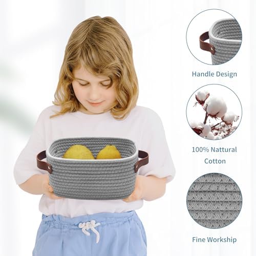 ABenkle Small Storage Basket, Mini Baskets with Handle, Cute Cotton Woven Baskets for Shelves, Boho Decorative Toy Storage Bin for Nursery, Spa, Empty Gift Basket - XS, Grey - Image 3