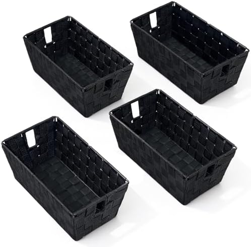 Black Storage Baskets for Shelves, Woven Shelf Baskets for Organizing, Small Strap Organizer Basket for Bathroom Storage, Set of 4 by homyfort