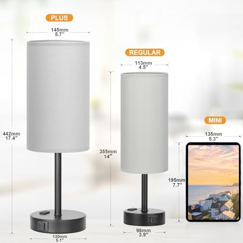 Fenmzee 17.4" Grey Lamp for Bedroom - Dimmable Touch, USB A+C, AC Outlet - Image 2