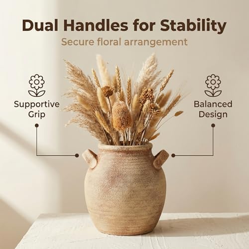 Vintage Ceramic Vase with Handle, 7 Inch Farmhouse Rustic Pot, Retro Table Centerpiece for Coffee Desk, Living Room Bookshelf & Fireplace Dining Room Mantel Decor - Image 4