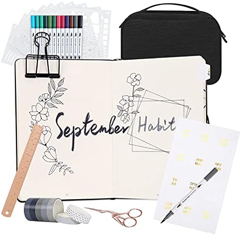 Dotted Journal Set with A5 140GSM No-Bleed Notebook, 15 Stencils, 12 Markers, 10 Roll Washi Tapes, Scissor, Organizer Bag and More, Journaling Kit for Diary Schedule -Black by Cocopin