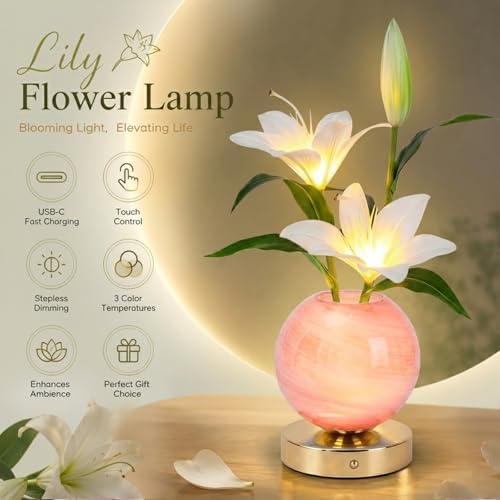 Lily Table Lamp, 3 Color Planet Night Light, Rechargeable Cordless Touch Dimming Artificial Flower Light, LED Flower Bedside Lamp Romantic Gifts for Girl Women Mom (White Lily - Pink Vase) - Image 6