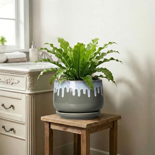 Ceramic Flower Pots, 9 Inch Planters for Indoor Plants, Grey-Blue - Image 6
