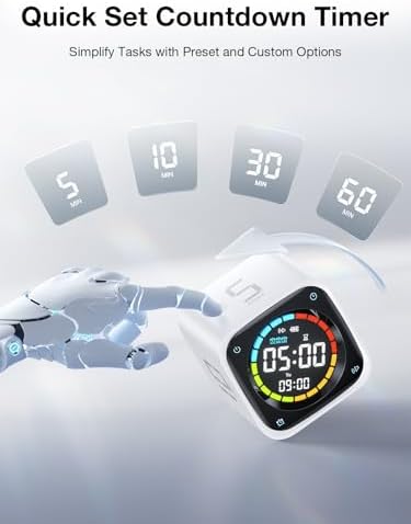 TK3 Pomodoro Timer Cube, Desk Productivity Timer with 5/10/30/60 Min Presets, Custom Countdown, Stopwatch, Clock, 3 Alarm, Silent, Vibrate & Sound Alert, for Task, ADHD, Study, Kitchen, White - Image 3