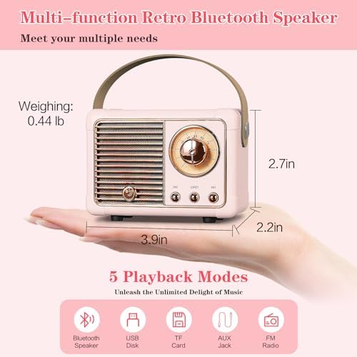 Retro Bluetooth Speaker, Vintage Decor, Wireless Portable Mini Bluetooth Speaker, Small Cute Old Fashion Style for Home Bedroom Kitchen Desk Party Outdoor Gift Ideas - Pink - Image 5