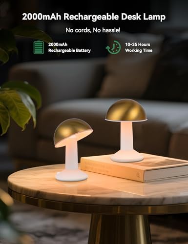 Tubicen 2 Pack Rotatable Mushroom Table Lamp Gold Cordless Bedside Lamp - Image 5