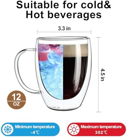 Aurzen 2 Pack Double Walled Glass Coffee Mugs with Handles, Large Insulated Layer Coffee Cups, 12oz Clear Borosilicate Mugs, Perfect for Cappuccino, Tea, Microwave Safe - Image 2