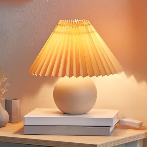 Brightech Serena LED Table Lamp - Small 10" Modern Ceramic Lamp with Pleated Shade for Bedside, Nightstand, Desk - Mini Night Light with Cozy Soft White Light for Living Room, Bedroom - Peach by Brightech