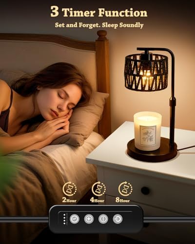 Candle Warmer Lamp, Timer Dimmable Candle Lamp, Adjustable Height and Brightness Candle Warmer, Black Boho Rattan Lampshade and 2 Bulbs, Suitable for Home Decor, Birthday Gifts for Women Mom - Image 3