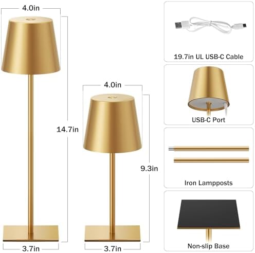 Kakanuo Gold Rechargeable Table Lamp, Cordless Battery Operated Lamp Set - Image 3