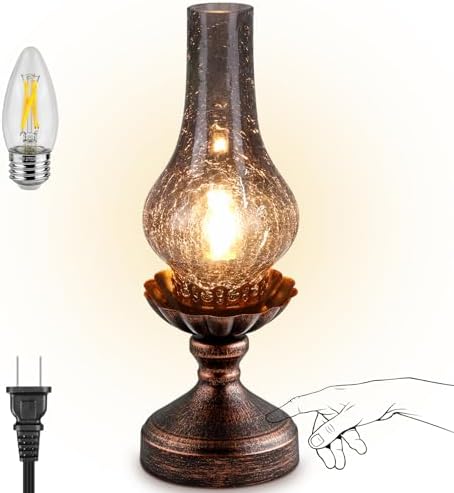 Vintage Table Lamp with Smoke Grey Crackle Glass Shade,Touch Control & 3-Way Dimmable Rustic Retro Farmhouse Bedside Lamp for Bedroom, Living Room, Cabin, Office (2700K LED Candle Bulb Included) by LEDIKON