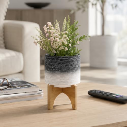 Modern Ceramic Planter with Wooden Stand – Stoneware Plant Pot Holder, Stylish Indoor & Outdoor Home Decor for Living Room, Bedroom, Office, or Garden, Plant Stand Indoor – 6", Gray & White by NESSANDJORD